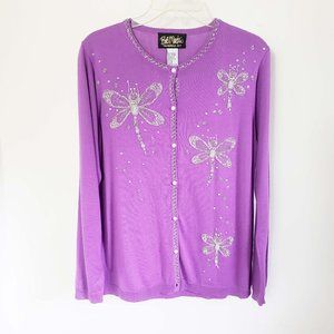 Bob Mackie Women's Purple Pearl Dragonfly Button Down Shirt Top Cardigan Sweater
